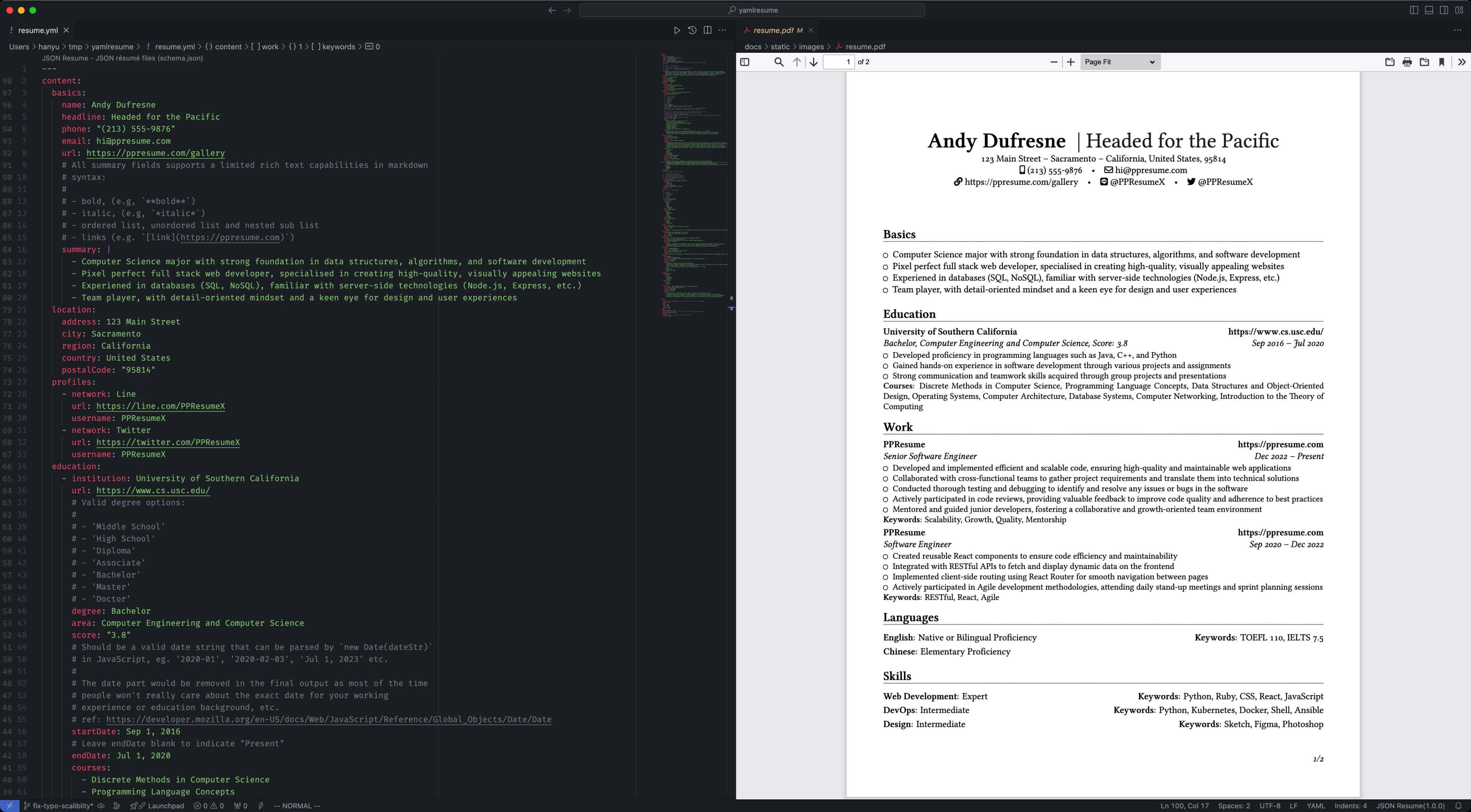 YAMLResume preview showing YAML code and PDF output